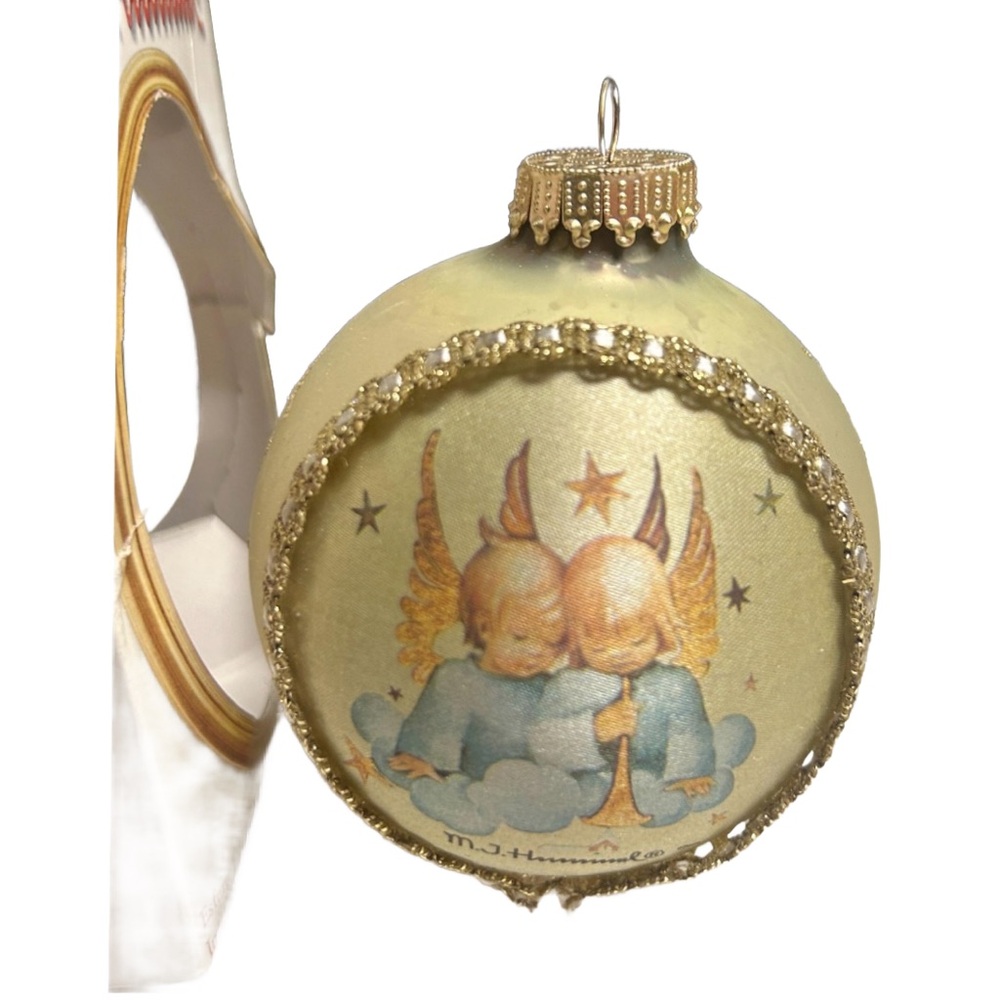Schmid Berta Hummel • White & Gold Glass Christmas Ornament W/ Angel Design - Picture 1 of 14